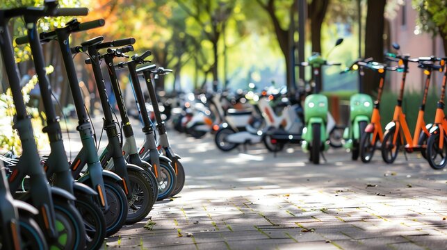 A row of electric scooters parked on a city street. The scooters are various colors and sizes.