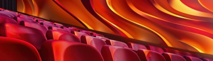 Obraz premium Red velvet theater seats in front of a warm, curved ceiling.