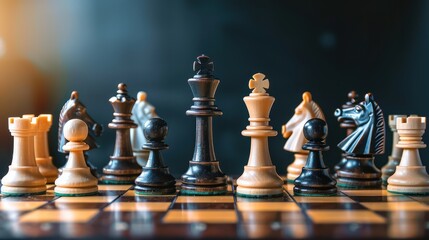 elegant setup of a chessboard with pieces made of various currencies, strategically placed to illustrate budget planning tactics