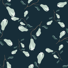 Seamless floral pattern, decorative ditsy print with vintage motif. Artistic botanical design for fabric, paper: small hand drawn flowers, leaves on a blue background. Vector illustration