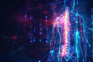 Detailed human nervous system illustration. High-quality medical and scientific visualization of spinal cord and nerve pathways for healthcare and biology education