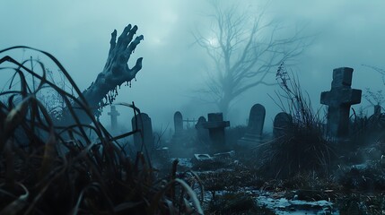 Naklejka premium zombie hand emerging from the ground in a graveyard, surrounded by tombstones and fog