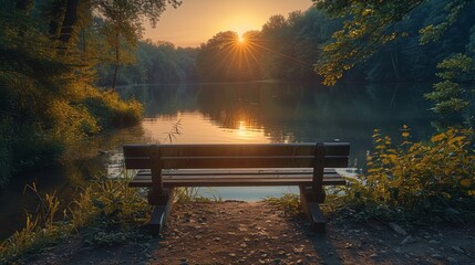 Wooden Bench Facing Sunrise Over Forest Lake