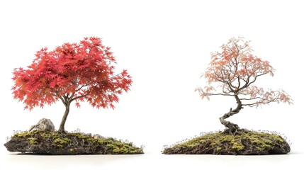 Fototapeta premium Japanese Maple tree from small plant to fullgrown compare difference real size have space between tree, realistic isolated on white background