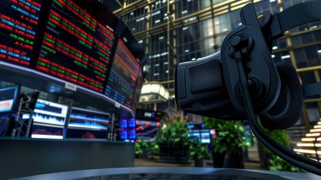 immersive virtual finance market, where users can engage in simulated trading and investment strategies using VR headsets