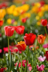 Obraz premium Beautiful Red Tulips Blooming in a Garden
