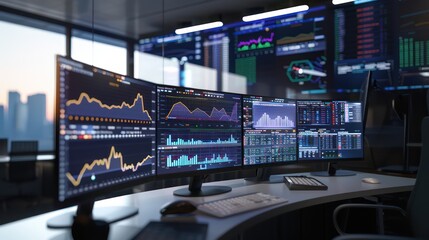 innovative financial health monitoring station, with screens dedicated to visualizing corporate financial stability and growth metrics