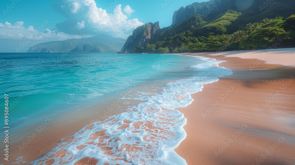 Wall mural calm ocean waves breaking on a sandy beach near lush green hills on a sunny day