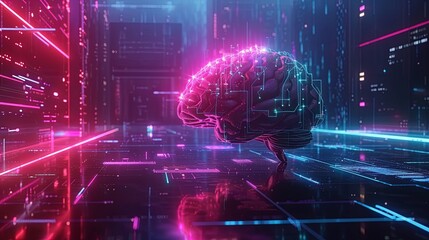 The concept of artificial intelligence. An abstract glowing brain. Turn on your brain and mind energy. Scientific and technological background. Illustration for cover, card, interior design, brochure.
