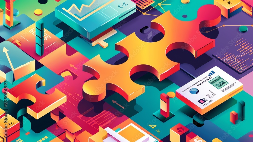 Aufkleber 3d illustration of a colorful puzzle with various objects and symbols.