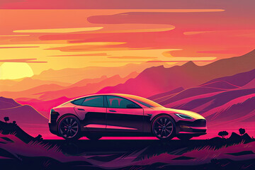 Naklejka premium Colorful illustration of a sleek electric car at sunset by the ocean. Eco-friendly transportation and carbon footprint reduction