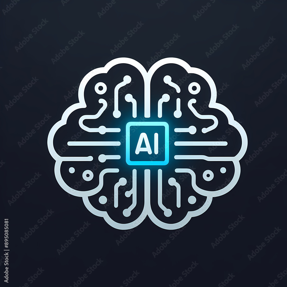 Poster minimalist design brain glowing ai chip embedded