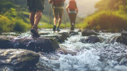 Adventurers hiking through a scenic stream, enjoying nature's beauty and perfect for outdoor exploration themes.