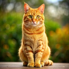 A Ginger Cat Posing on a Wooden Surface with a Blurred Green Background, Cat Portrait, Ginger Cat, Cute Cat, Pets, Animal Photography