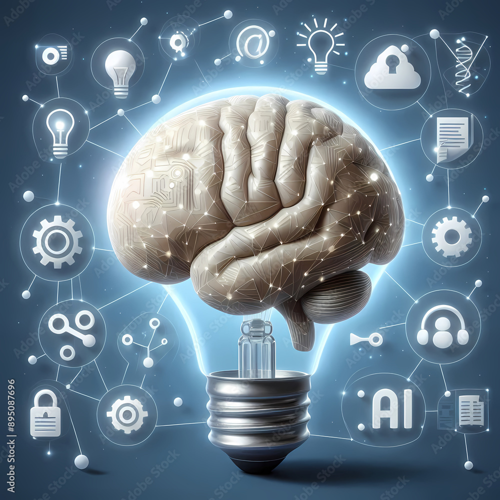 Poster clean image brain lightbulb ai symbols