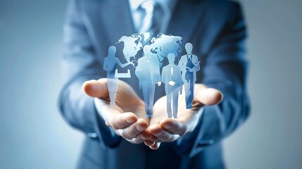 HR Recruitment and Global Talent Network in Business Hands. Generative AI 　手の中の人材ネットワークで採用・タレント獲得を表現。