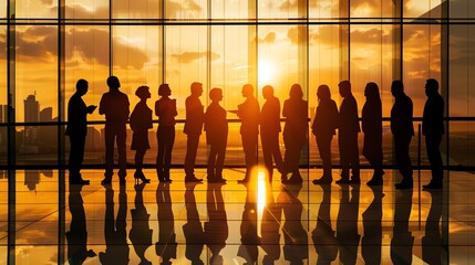A group of business people are meeting in a modern office. The sun is setting outside the windows, casting a warm glow over the room.