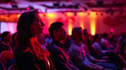 Fototapeta premium A group of people are sitting in a dimly lit room. The only light comes from the stage, which is lit up with bright red and orange lights.