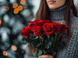 Woman Holding Red Roses in Winter