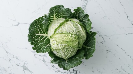Fototapeta premium A large, green cabbage sits on a white marble surface. The cabbage is surrounded by its large, green leaves.