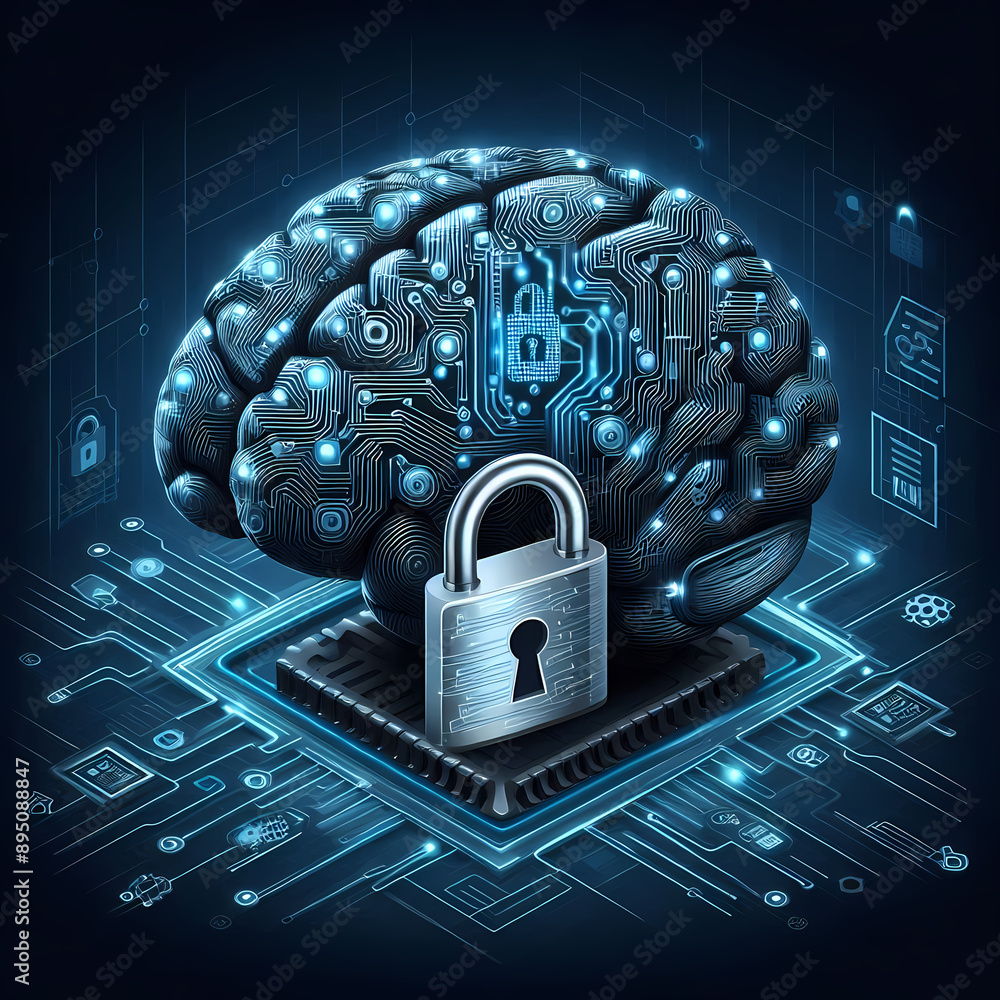 Poster design brain digital lock key symbolizing ai security