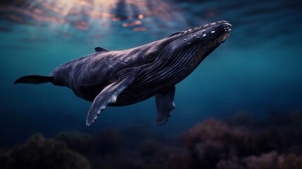 A humpback whale swims through the clear blue water, sunlight filtering down from above