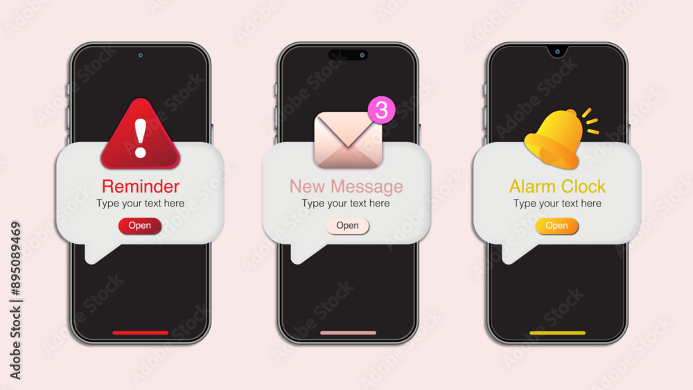 Poster smartphone reminder, alarm alert clock, and new message notifications concepts. push messages and im