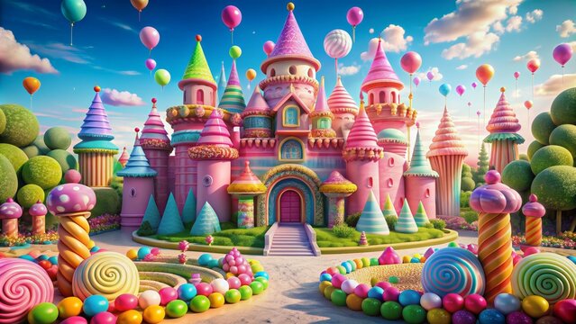 Candyland Castle A Dreamy Digital Illustration of a Sweet, Whimsical Castle Surrounded by Balloons and Candy, castle, candy, whimsical, fairytale, digital art