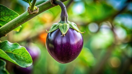Close-Up of a Single Purple Eggplant Hanging from a Branch with Green Leaves, Eggplant, Vegetable, Garden, Nature