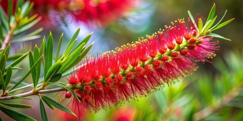 Close-Up of a Vibrant Red Bottlebrush Flower with Green Leaves, bottlebrush, flower, nature, red