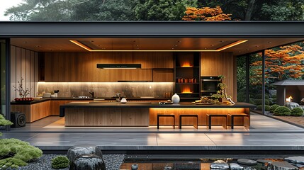 Modern Japanese kitchen, AI robot making sushi, sleek steel surfaces, high contrast