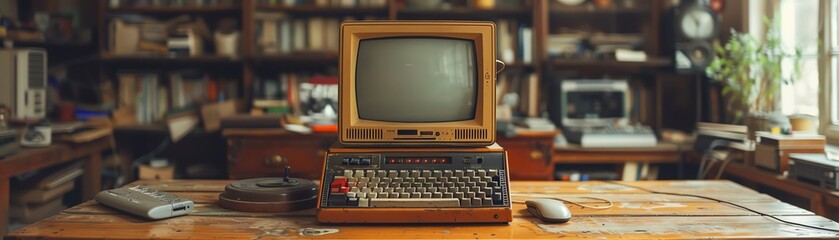 Oldschool desktop computer, cluttered desk, soft focus, sepia tone