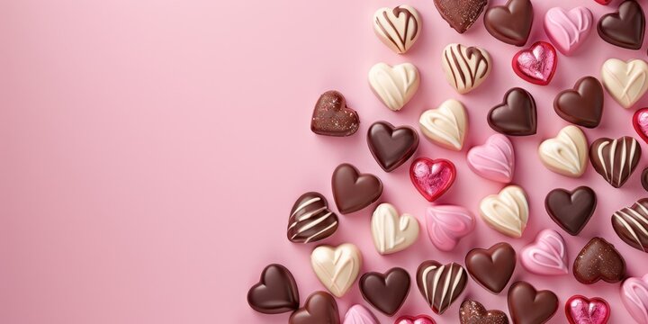Assorted heart-shaped chocolates in pink, red, and white colors on a pink background, creating a sweet and romantic theme for Valentine's Day.