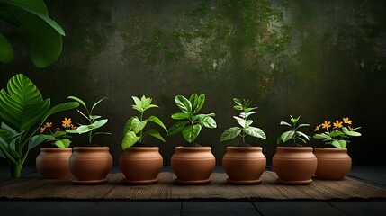 Fototapeta premium Vibrant home greenery setup A stunning arrangement of potted plants in ceramic pots against a textured wall. This vibrant display brings a touch of nature indoors and enhances any space.