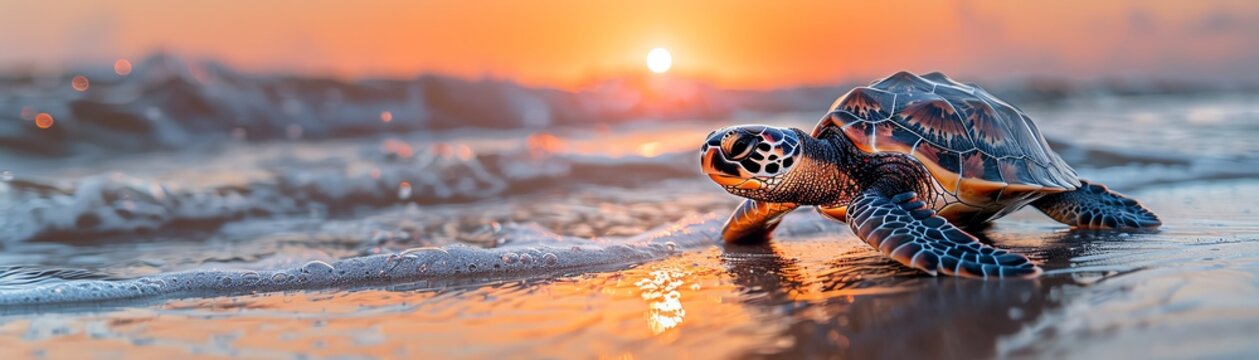 Trendy turtle with a patterned shell cover, content smile, beach scene, sunset, wide shot