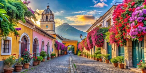 Obraz premium Colorful Cobblestone Street with Church and Mountain, Guatemala , Antigua , Architecture , Travel