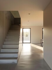 Modern Concrete Stairs and Hallway with Door Leading to Backyard