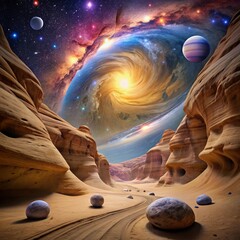 Cosmic Canyon A Surreal Landscape With Swirling Galaxy and Giant Orbs, canyon, space, surreal, cosmic