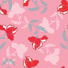 Seamless floral pattern, decorative ditsy print with vintage motif. Artistic botanical design for fabric, paper: small hand drawn flowers, leaves on a blue background. Vector illustration