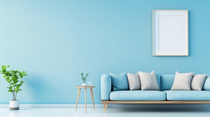 Modern living room with blue walls, a blue sofa, and minimalist decor. Clean and fresh interior design with framed artwork and a green plant.