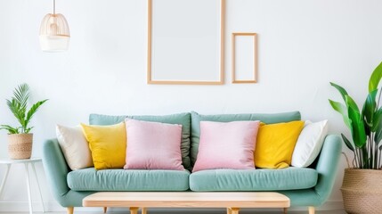 Scandinavian-style living room with teal sofa, colorful cushions, and minimalist decor. Perfect for modern home interiors.