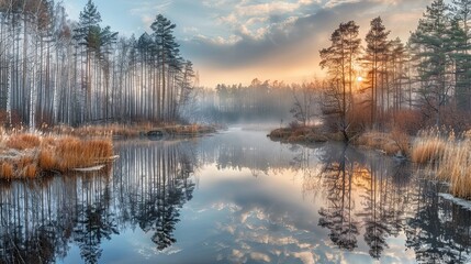 A forest with a stream or river running through it. Sunset and the sun shines through the trees with a warm yellowish light. The trees are lush and green. A natural backdrop. Illustration for design.