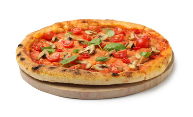 Delicious pizza with tomatoes, mushrooms and basil isolated on white