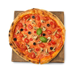 Delicious pizza with tomatoes, mushrooms, black olives and basil isolated on white, top view