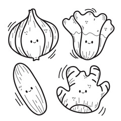 A whimsical hand-drawn illustration featuring an apple, a pear, and an apple with garlic, designed in a cartoon style with fun outlines perfect for coloring books