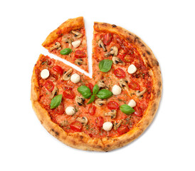 Tasty pizza with basil, mushrooms, mozzarella and tomato isolated on white, top view