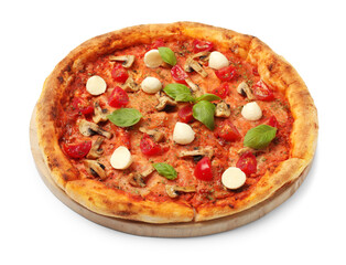 Tasty pizza with basil, mushrooms, mozzarella and tomato isolated on white