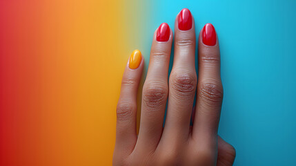 Close-up of a hand with colorful manicured nails against a vibrant gradient background, showcasing modern nail art and beauty trends