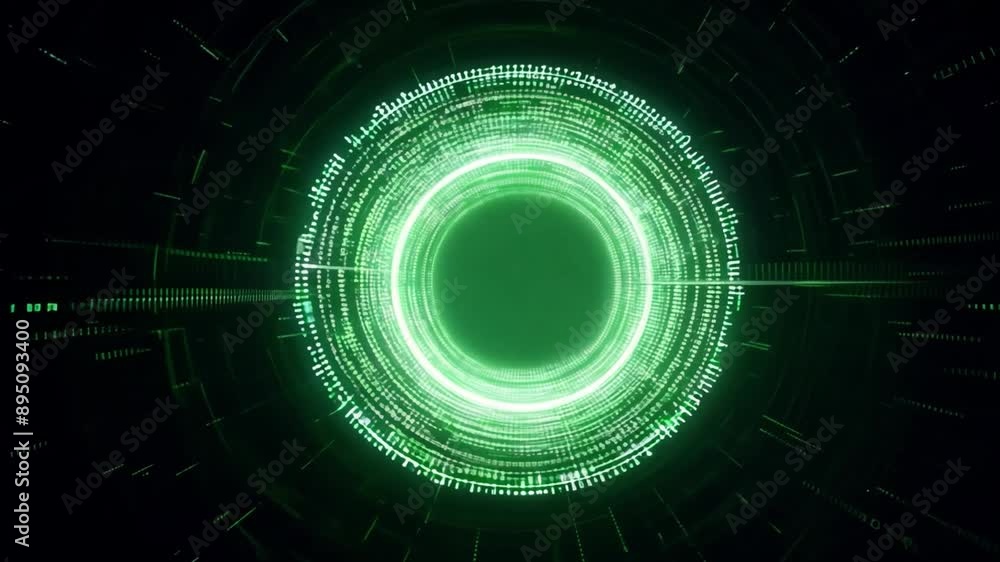 Poster A glowing green ring made of data points spins within a digital environment, creating an abstract background.