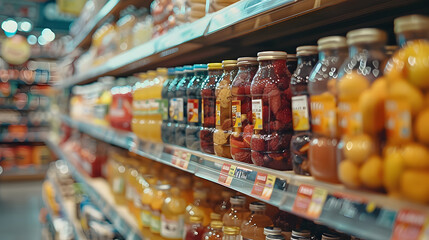 Close-up view of a grocery store aisle filled with various bottled juices, showcasing colorful beverages and vibrant packaging